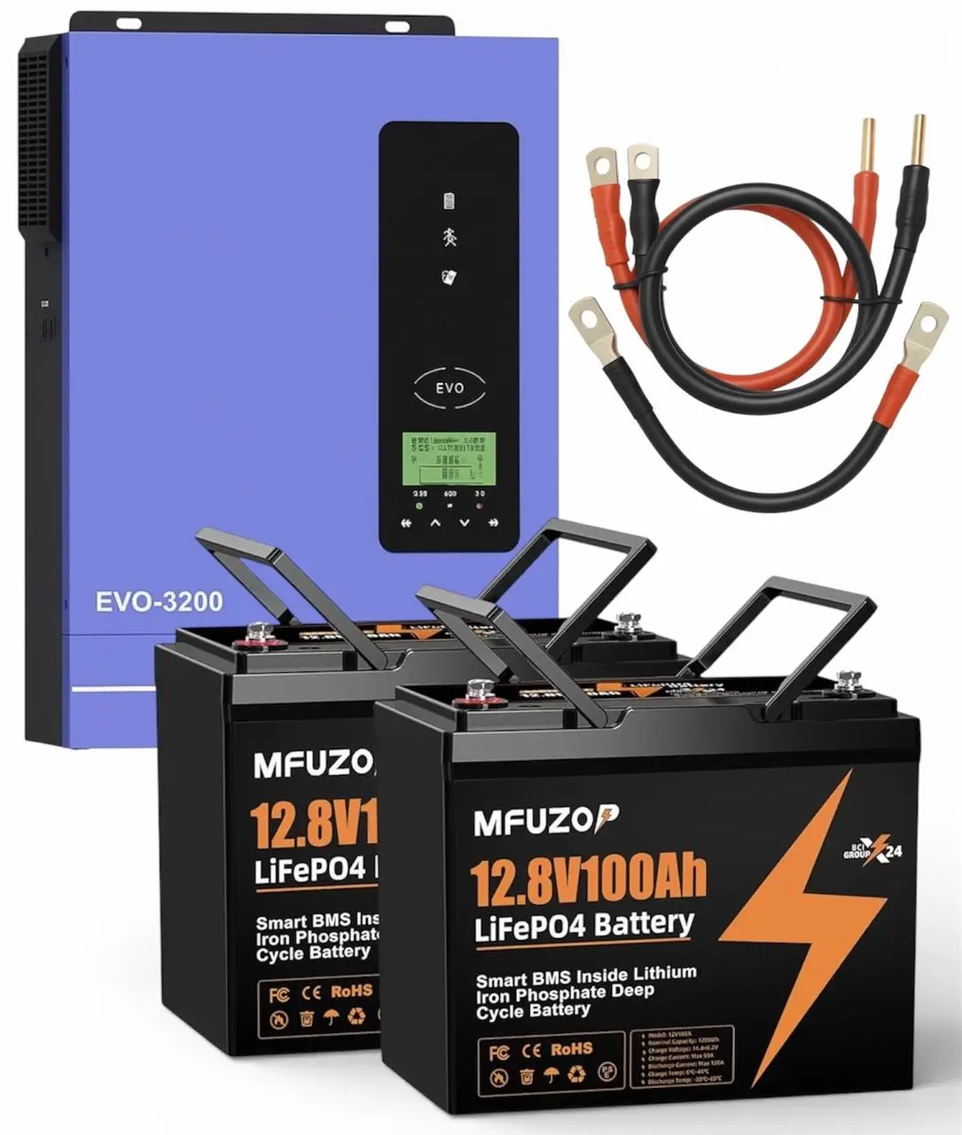 qw 3.2 кВт + 2.56 кВт, Гібридний інвертор Anern, 24 В і Акумулятор MFUZOP 12 В 100 А — 2 шт., з BMS, комплект резервного живлення - Зображення 1